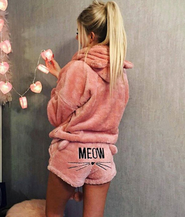 Mallalah Womens Pajamas Cozy Sleepwear Fleece Meow Embroidered Hoodie Pj Set 